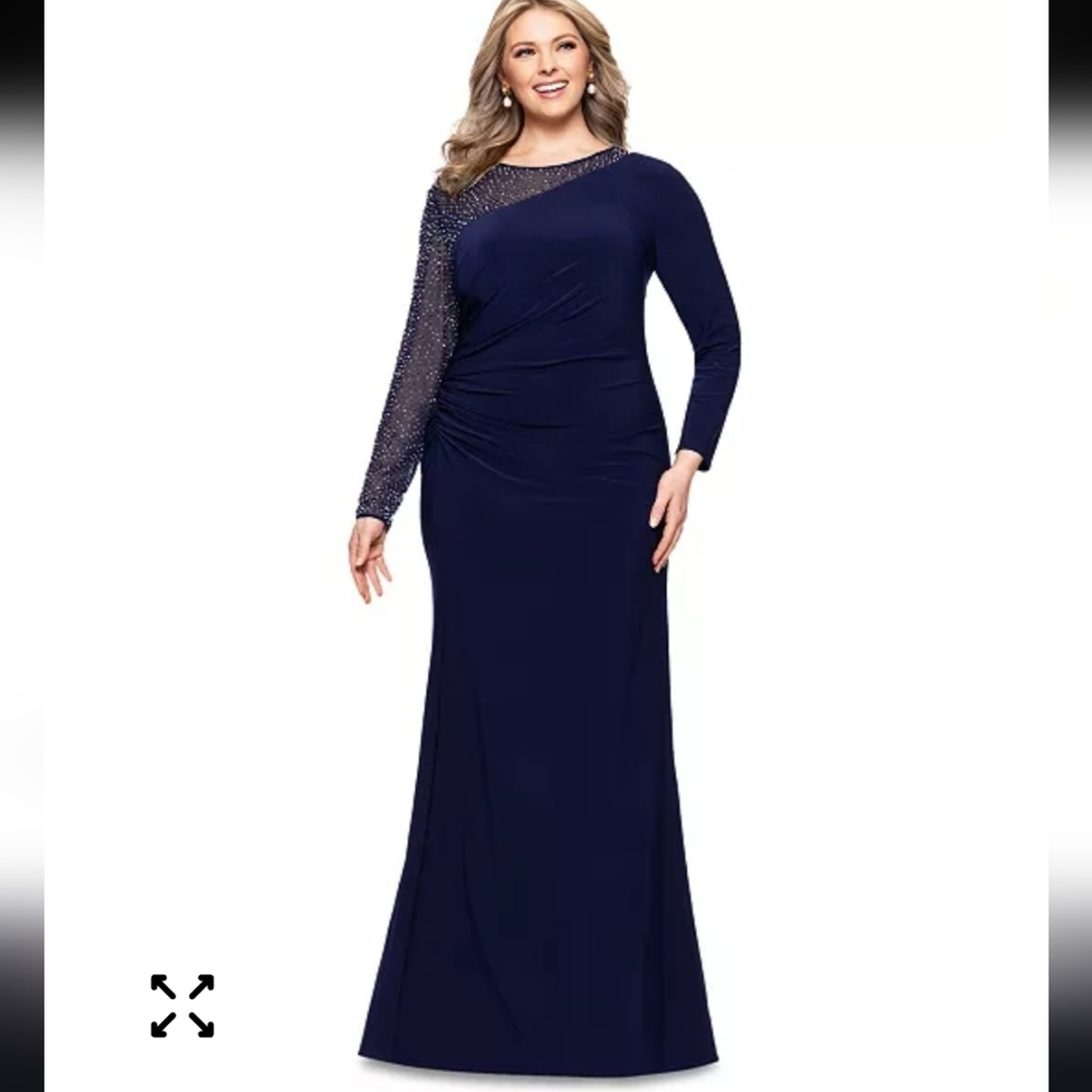 Betsy & Adam Navy Off Shoulder Evening Dress Sz 8 Beaded Sleeve Slit Formal